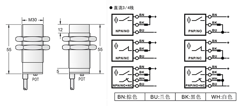 M30-55mm圓柱標(biāo)準(zhǔn)型接近開關(guān)出線式