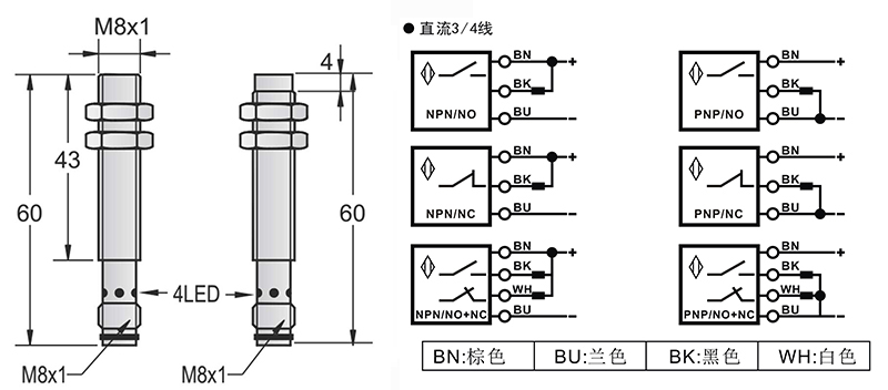M8-M8-60mm圓柱標準型接近開關(guān)接頭式